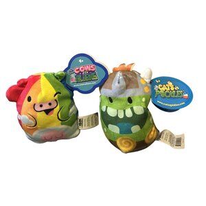 Cows Vs Aliens & Cats Vs Pickles 4" Bean Bag Plush Toys  Rainbow Cow & Viking Pi